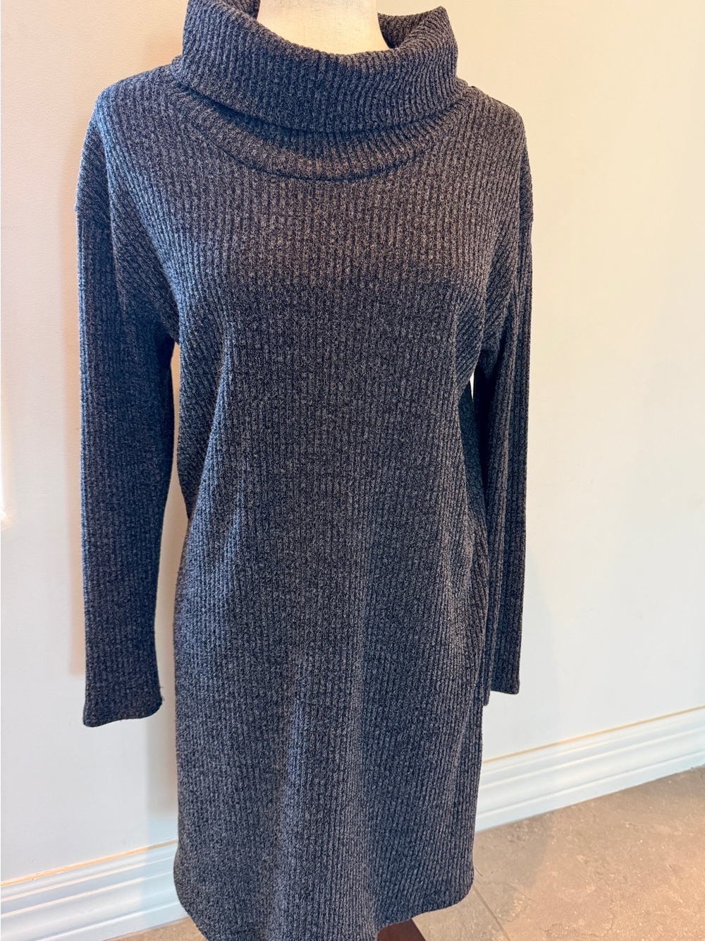 Kaileigh Charcoal Ribbed Cowl Neck Sweater Dress Size M
